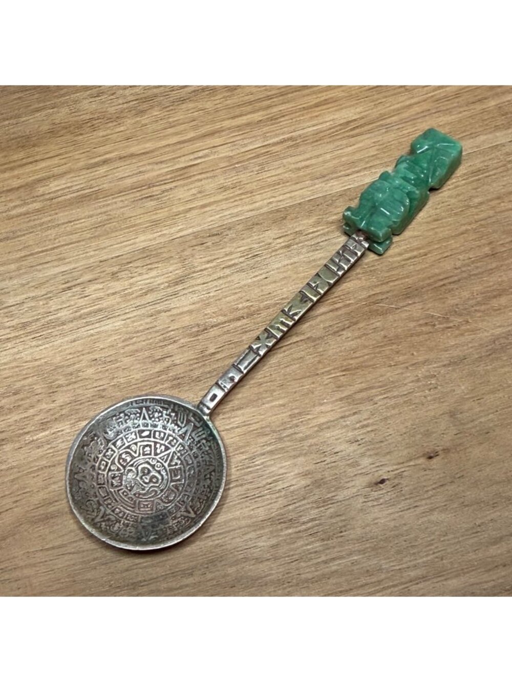 Alpaca Mexican Souvenir Spoon 925 Sterling Carved Green Stone Aztec Calendar